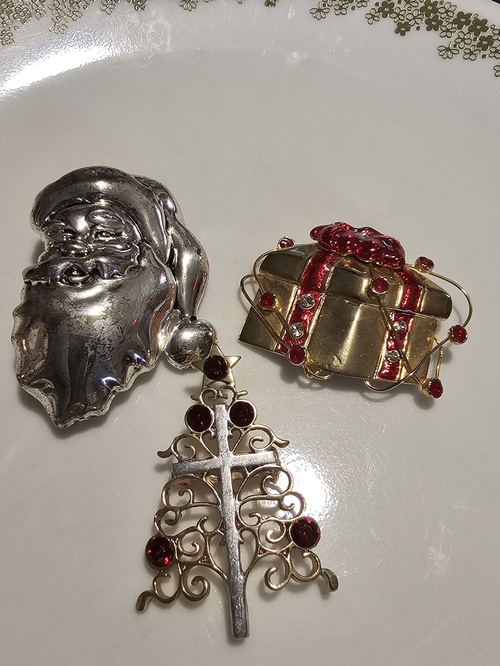 Festive Santa, Gift & Tree Brooch Trio - Silver & Gold with Red Accents - Picture 12 of 16